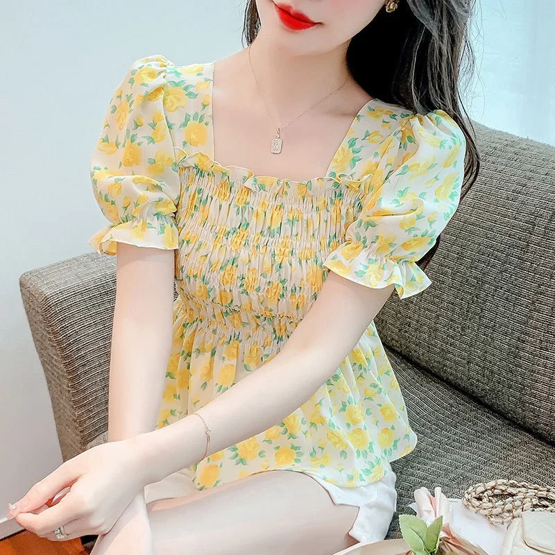 

Женский Повседневный Топ с коротким рукавом-фонариком и квадратным вырезом