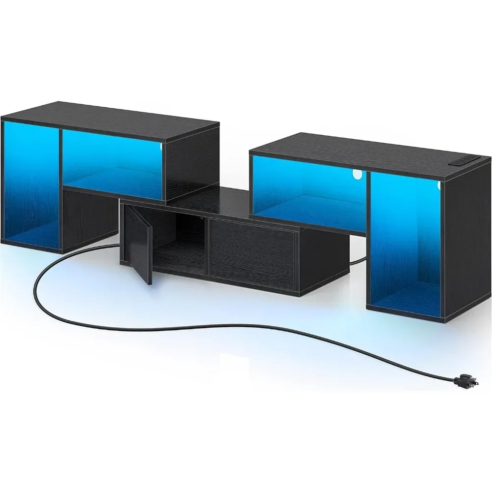 

3 Pieces Set With Power Outlets & LED Strip Tv Stands Modern for Living Room Cabinets 15”D X 59.1“W X 18.9”H Ps5 Black Furniture
