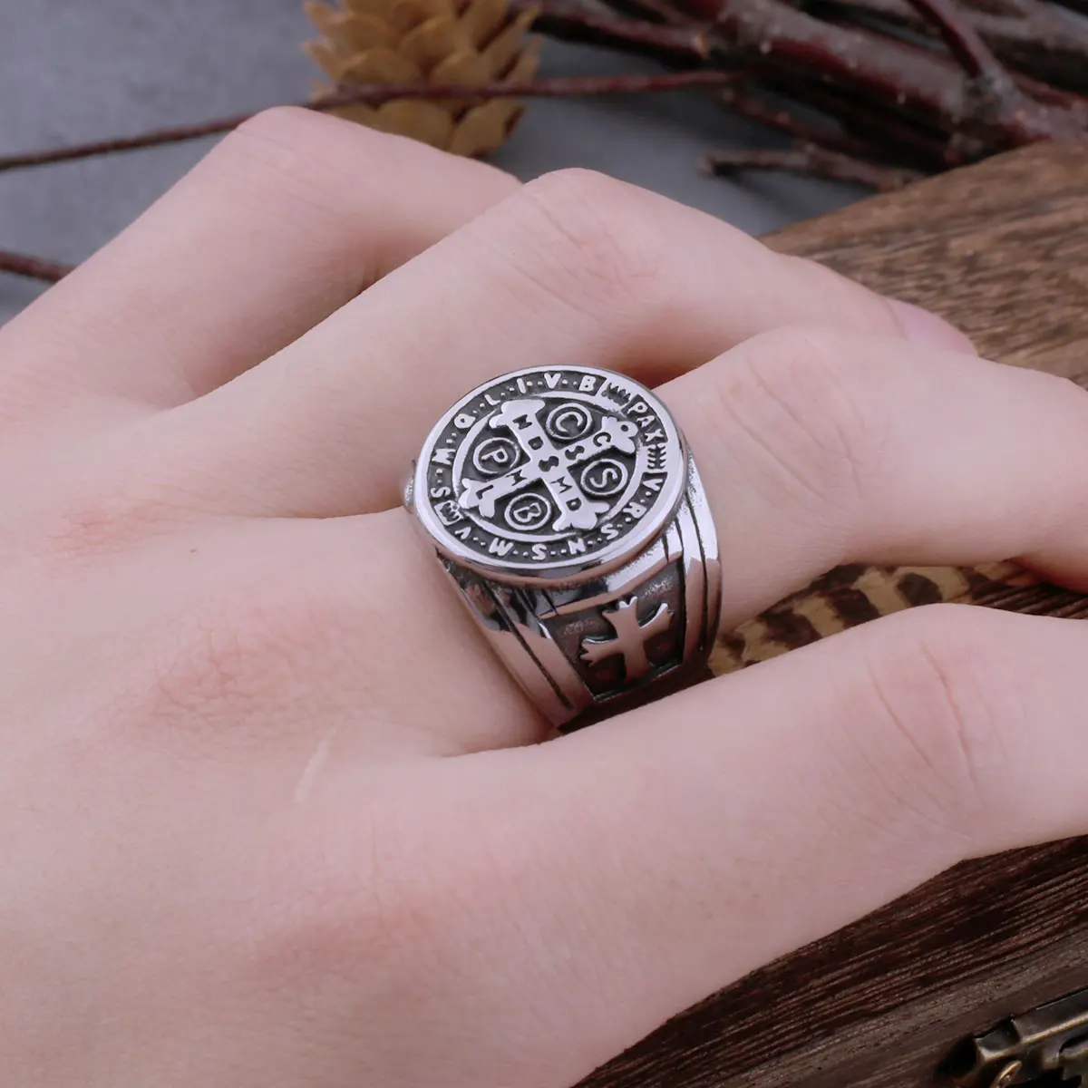 Vintage Saint Benedict's Christian Cross Ring Ring Men's Hip Hop