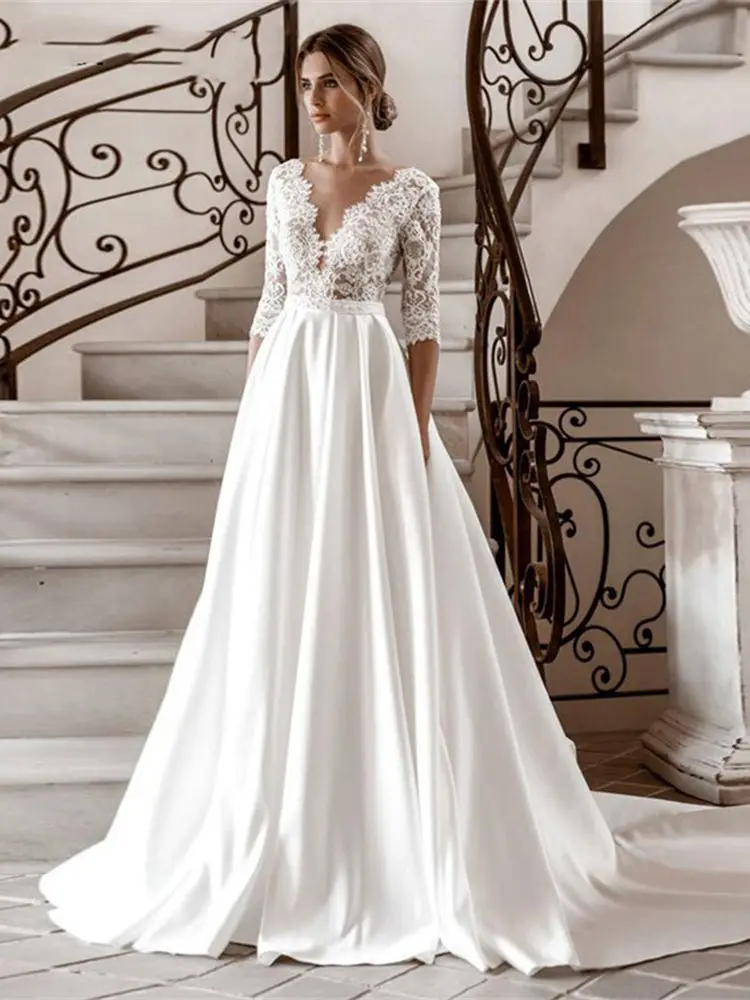 Elegant Deep V-Neck Satin Lace Button Wedding Dresses For Woman 2024 Ball Gown Court Train Bridal Gowns vestidos de novia