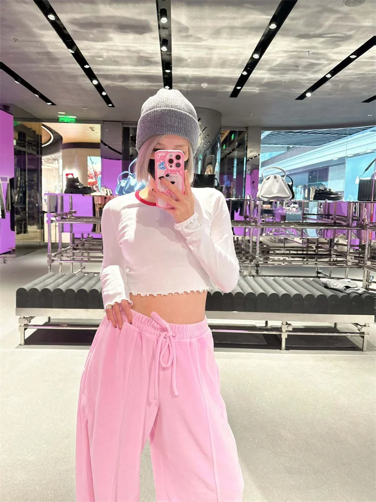 

Женская футболка с длинным рукавом, трикотажная футболка в рубчик с круглым вырезом контрастных цветов, весна 2024