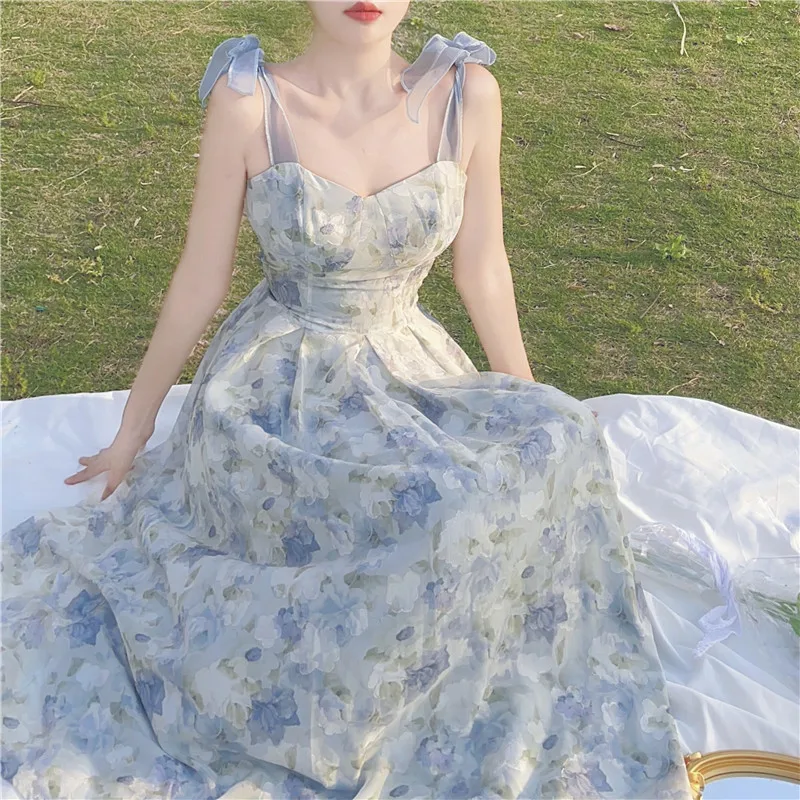 

Elegant Strap Floral Midi Dress Women Vintage Sweet Print Princess Boho Dress Classy Party Holiday Fairy Dress Summer
