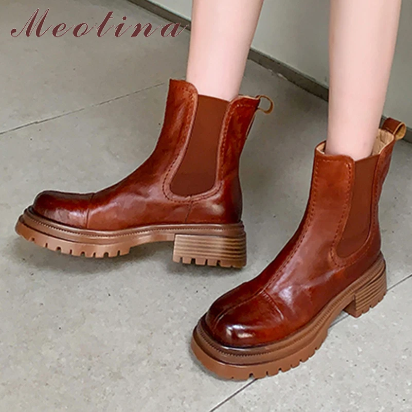 

Meotina Women Genuine Leather Ankle Boots Round Toe Platform Block Mid Heels Chelsea Short Boot Lady Fashion Shoes Autumn Winter