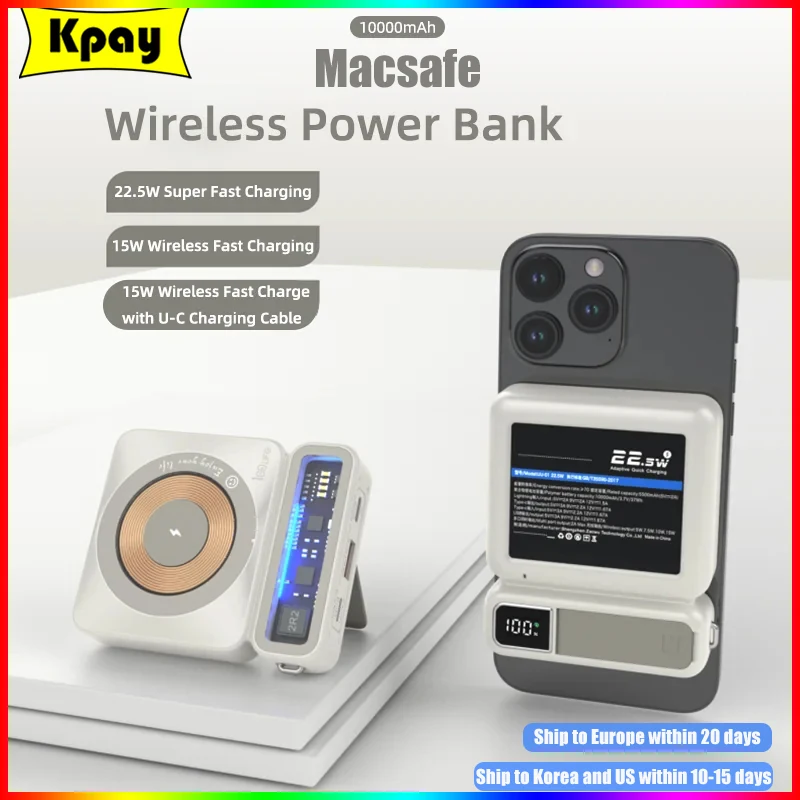 

New Retro 10000mAh With Stand Macsafe Power Bank Portable Magnetic Wireless 15W Charger For iphone Xiaomi External Spare Battery