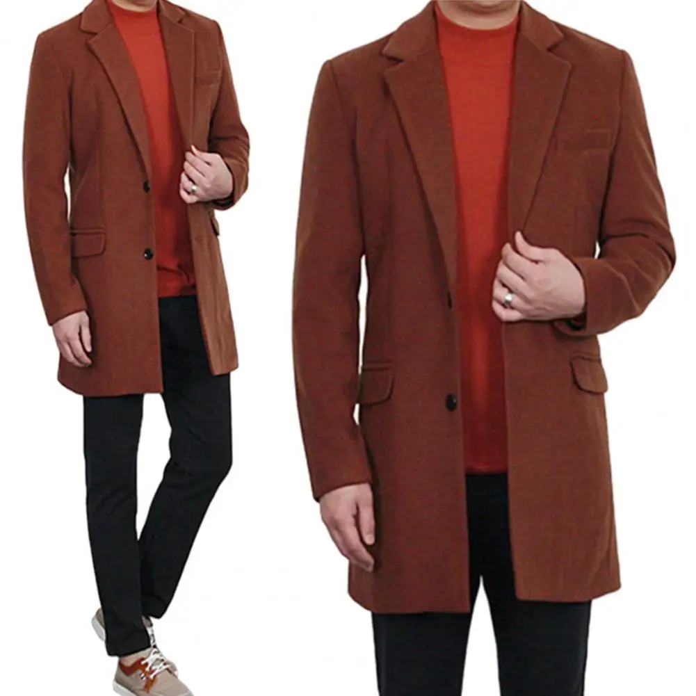Men Winter Overcoat Stylish Men's Formal Business Overcoat Turn-down Collar Thick Solid Color Single-breasted for Fall/winter