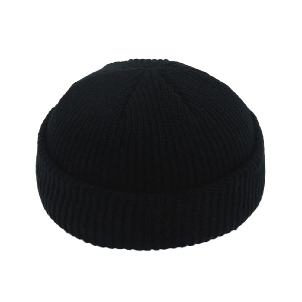Unisex Retro Navy Solid Color Warm Knit Beanie with Roll-Up Edge