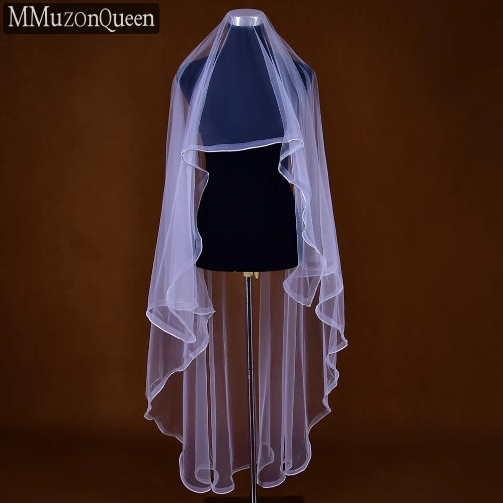 M50 2 Tier Veil with Face Cover Silver Edge Soft Tulle Long Wedding Veils of Bridal Handcrafted Wedding Accessories