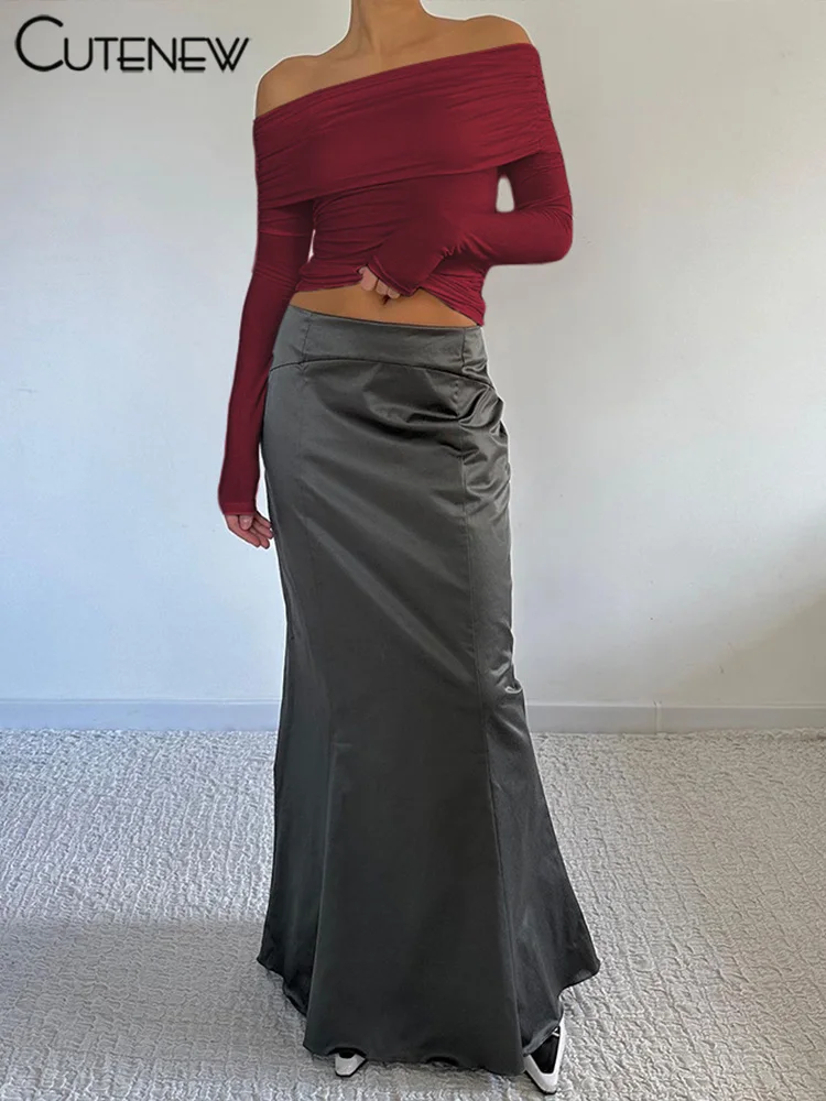 Camisetas con hombros descubiertos para mujer, camisetas clásicas lisas de otoño de manga larga, ajustadas y ajustadas, camisetas urbanas sencillas y salvajes para mujer