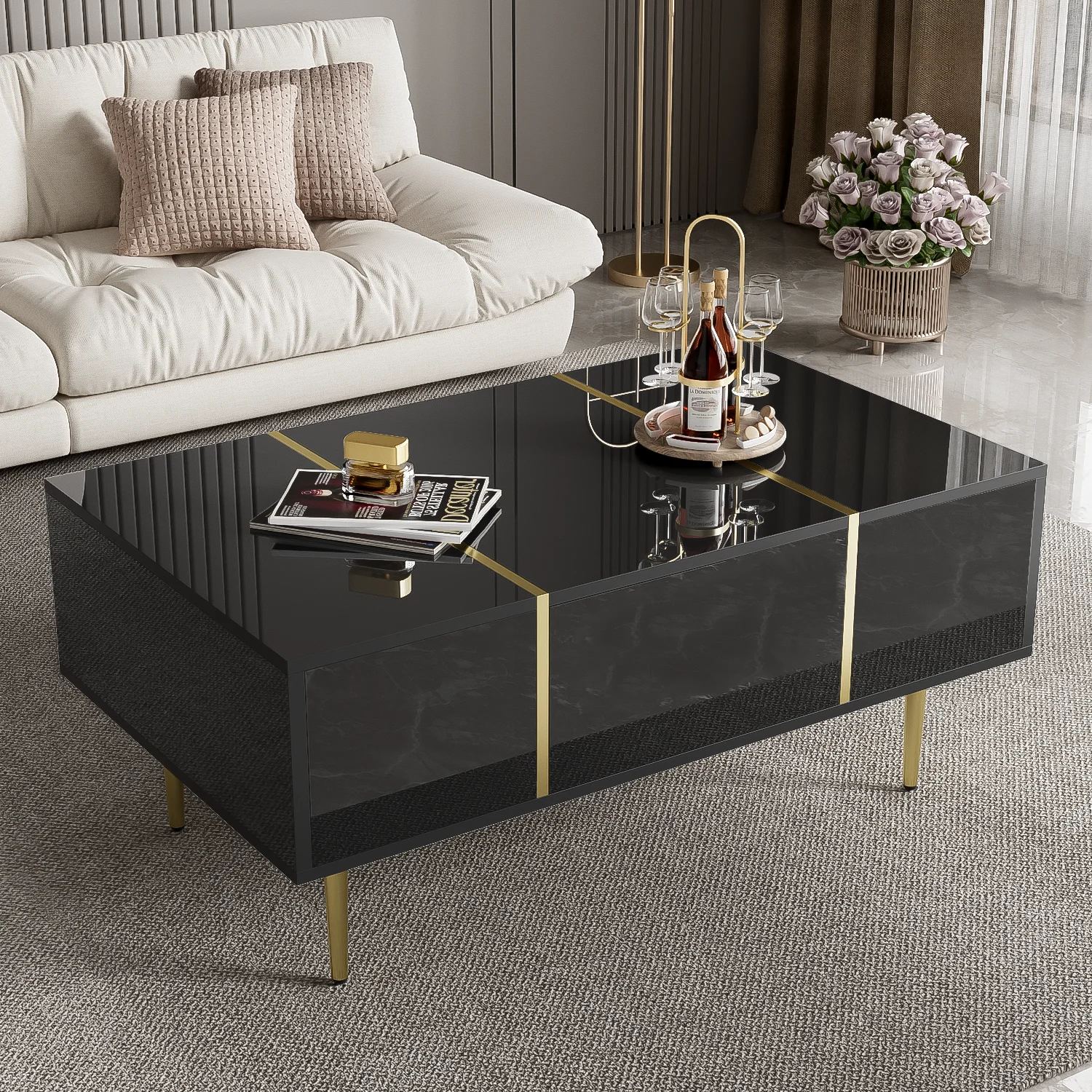 PINGGO Schwarzer Hochglanz Moderner Couchtisch mit 2 Schubladen Wohnzimmermöbel Aufbewahrungshocker Rechteckige Form – Detail 1