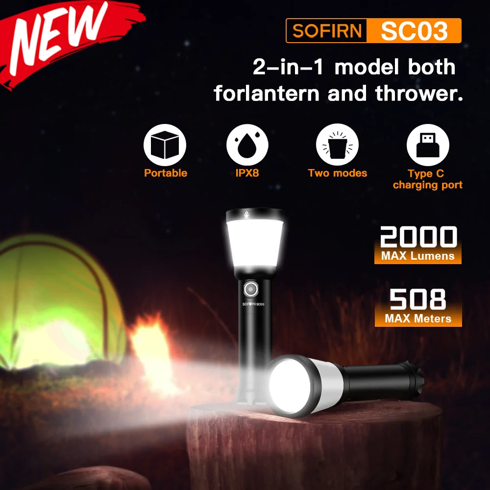 Sofirn SC03 Camping Light 2in1 2000LM Powerful Flashlight USB C