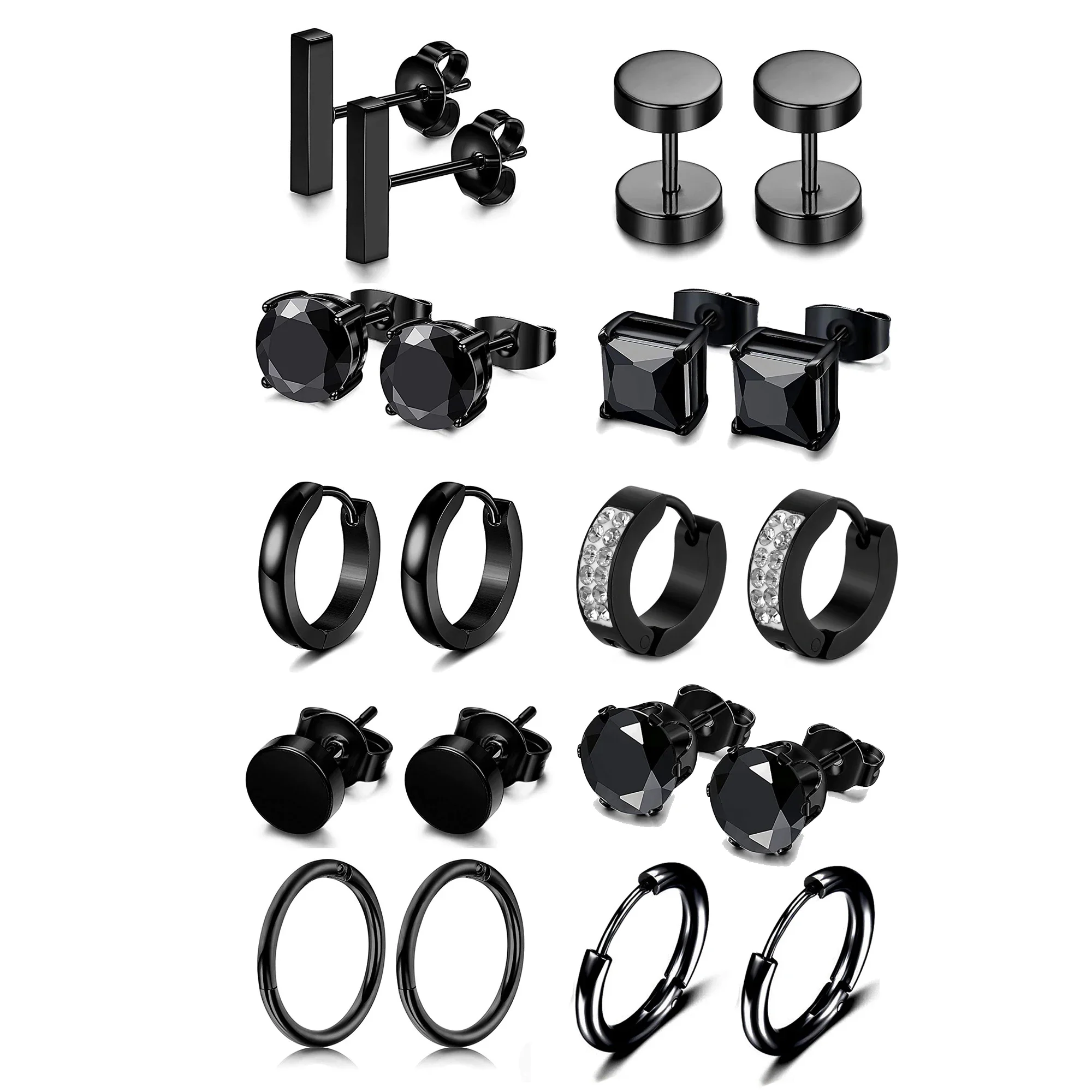 

Набор черных серег из нержавеющей стали, 10 пар, унисекс, ранние серьги для мужчин и женщин, готические уличные поп серьги-кольца в стиле хип-хоп