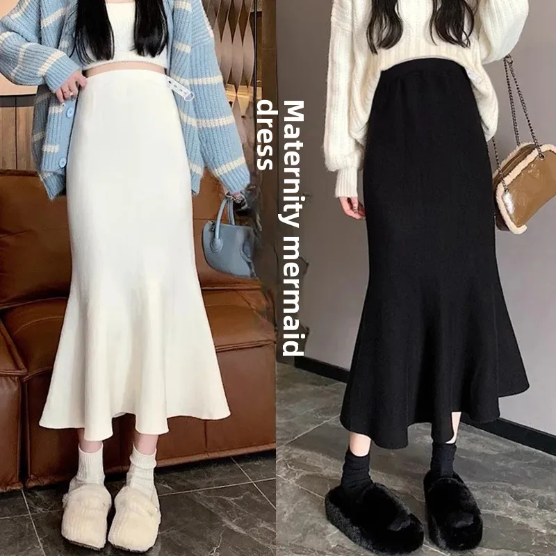 Maternity Mid-Length Black Slimming A- Line Knitted Skirt Fish-Tail One-Step Skirt Autumn Winter plus Size Women's Dress