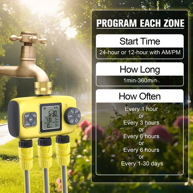 3-Outlet Automatic Water Timer Garden Irrigation Watering System Independent Control Sprinkler Programmer Tools 4