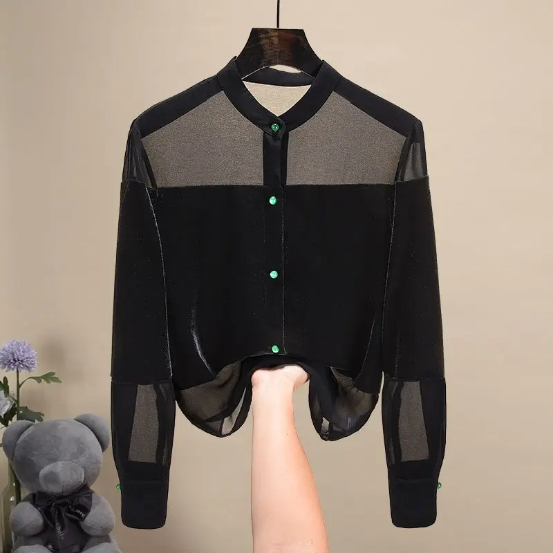

Top black blouse shirt women 2023 early autumn and winter long sleeve women chiffon temperament high-end shirt blouse women