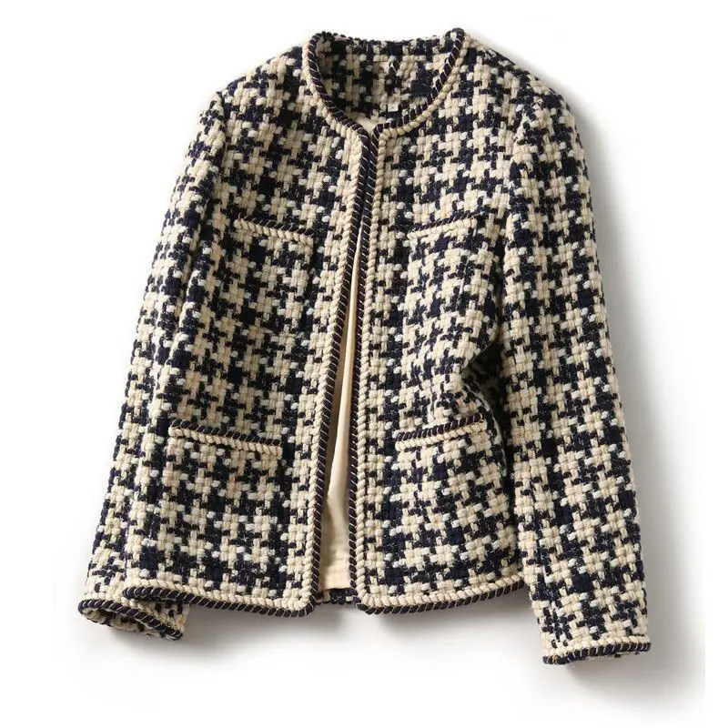 Vintage Houndstooth O-Neck Tweed Jacket 2023 Fall Winter Long Sleeve Wool Blend Outwear Plus Size Open Stitch Blazer Coat M-3xl