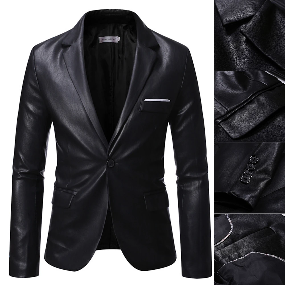 Description Picture 3 of itemMen Blazer 1pc Black Casual Coat Fashion Lapel Single Button PU Faux Leather PU Faux Leather Blazer Men Stylish