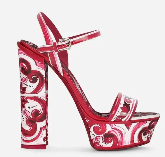 

Moraima Snc Red Flower Printed High Heel Sandals Summer Platform Chunky Heels Dress Shoes 14CM Ankle Strap Pumps