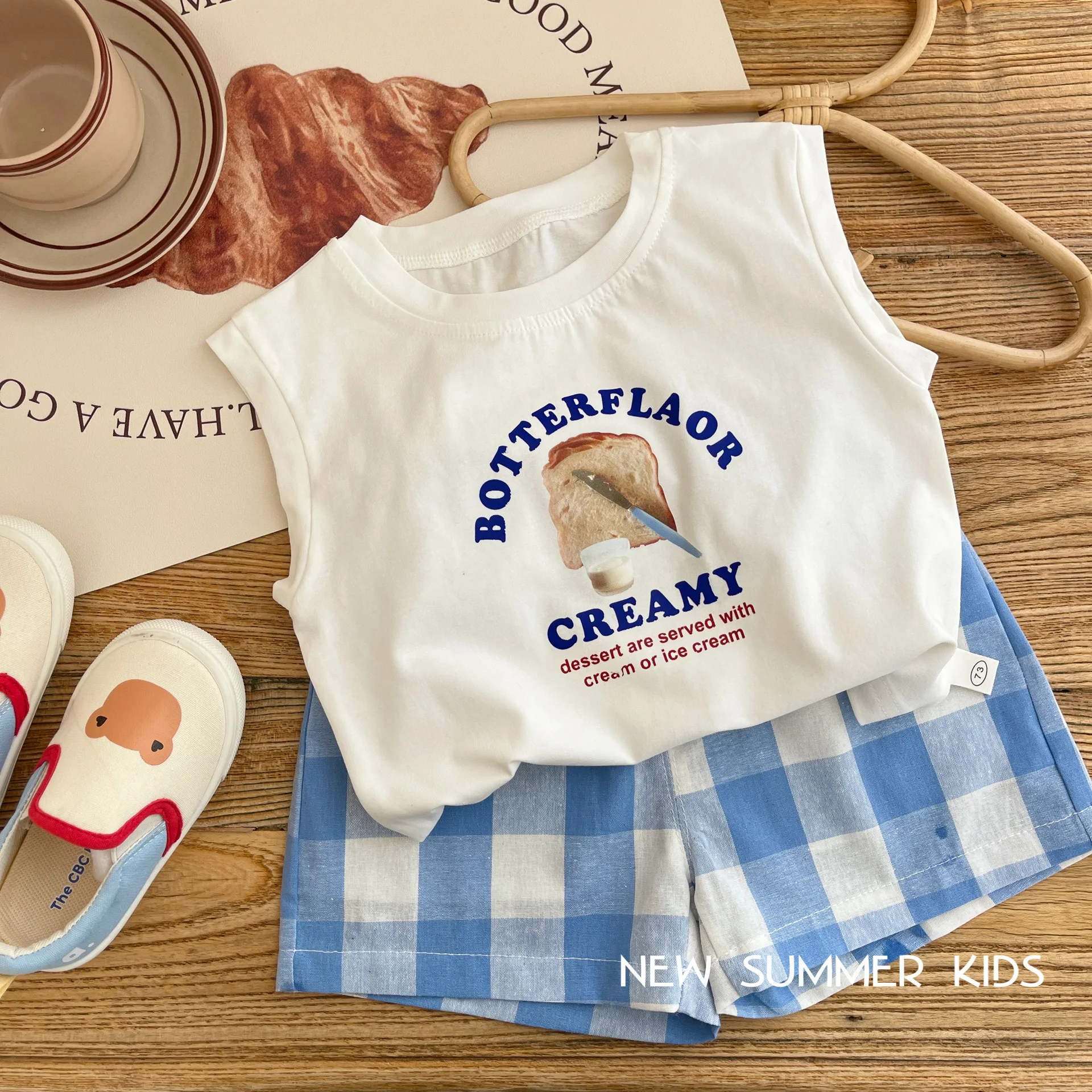 

Summer Kids Shorts Set Cartoon Print White Vest+Blue Plaid Print Short Pants Two Pieces 1-5Y Boys Casual Outfit Clothing Suits