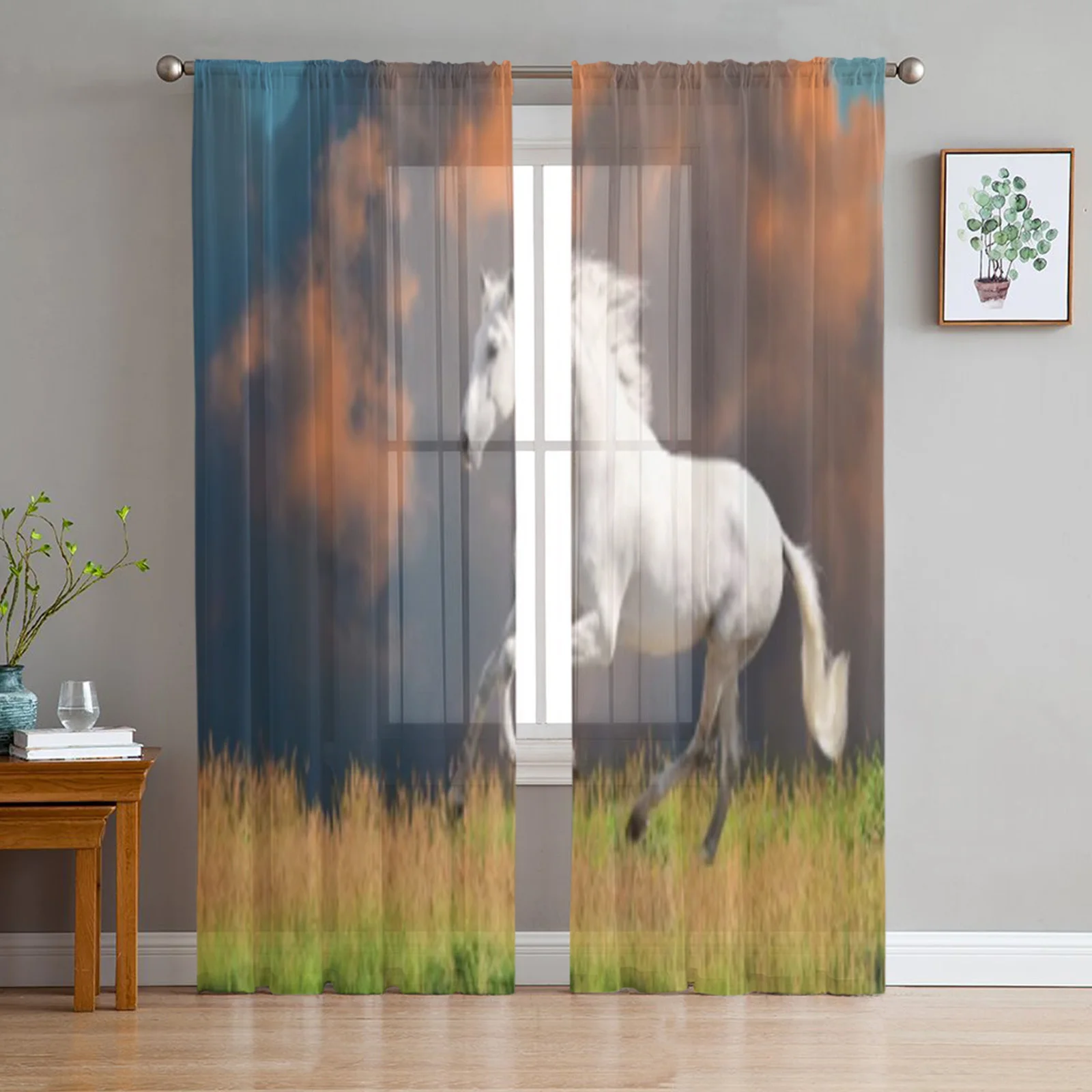 White Andalusian Horse Runs Gallop Summer Sheer Curtains For Living Room Bedroom Voile Drapes Balcony Printed Tulle Curtains