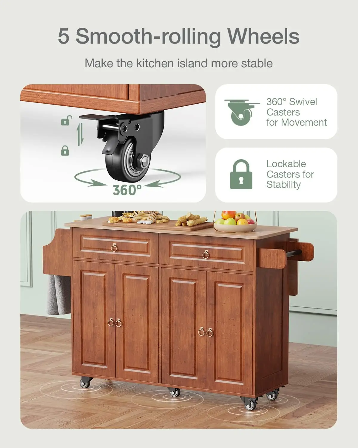 Kitchen Island with Drop Leaf and Storage on Wheels Two Drawers Large Storage Cabinet Towel Rack Spice Cart Brown