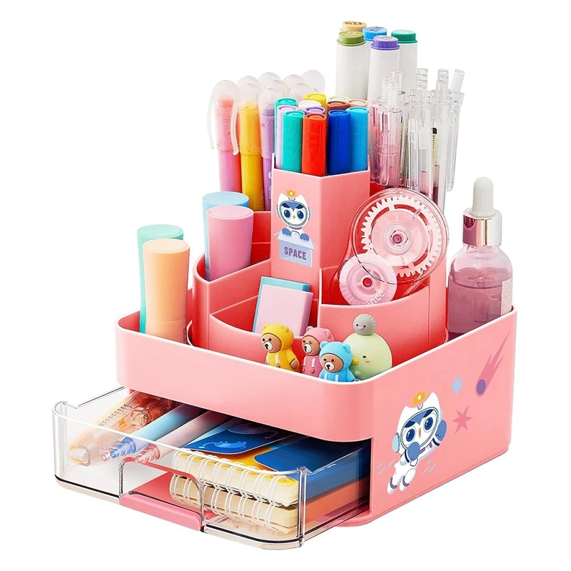 

Rotating Pen Pencil Holder Desk-Organiser Pencil Pots Makeup Brush Holder + 11 Compartments For Home Pink