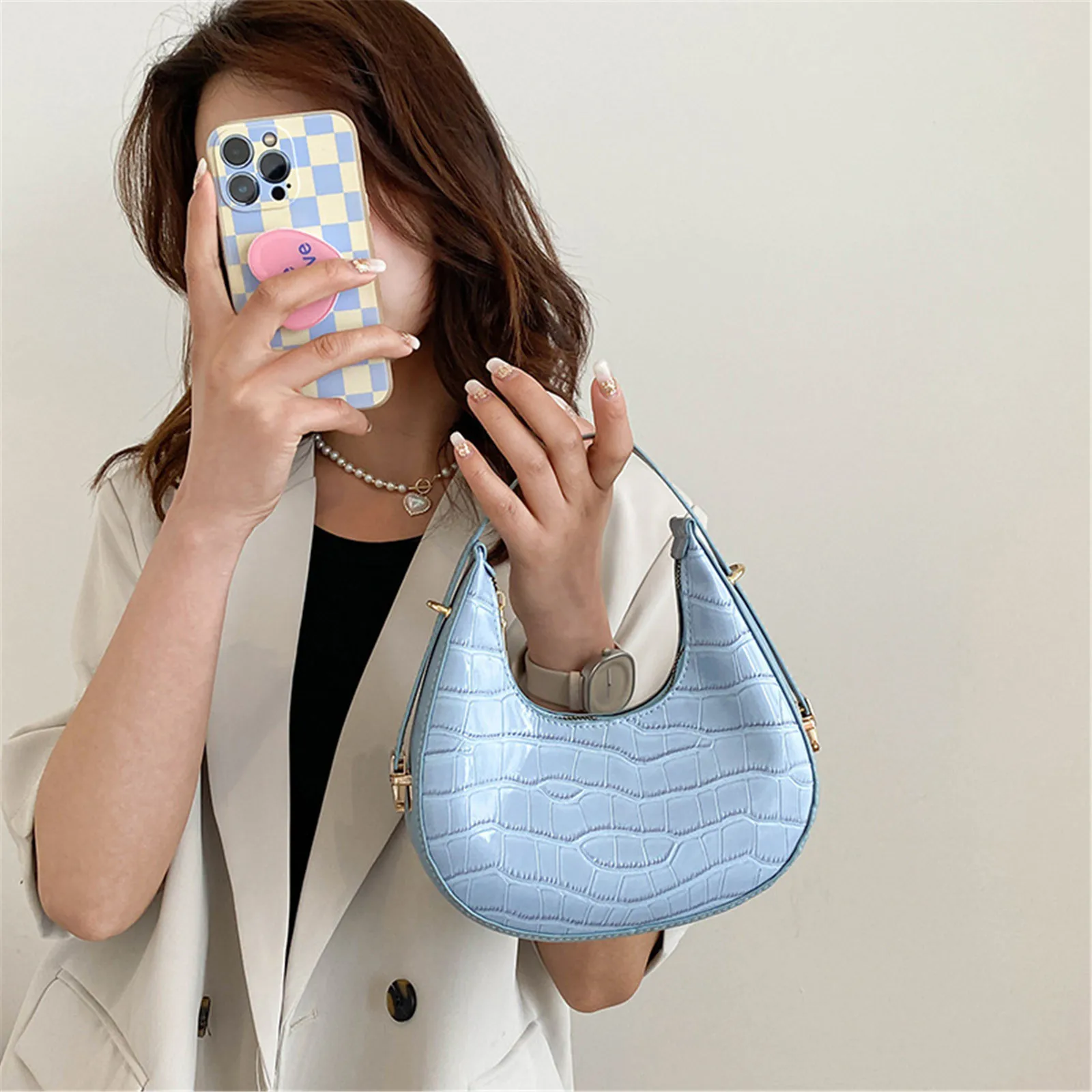 Fashion Stone Pattern Shoulder Bag - Zipper Closure