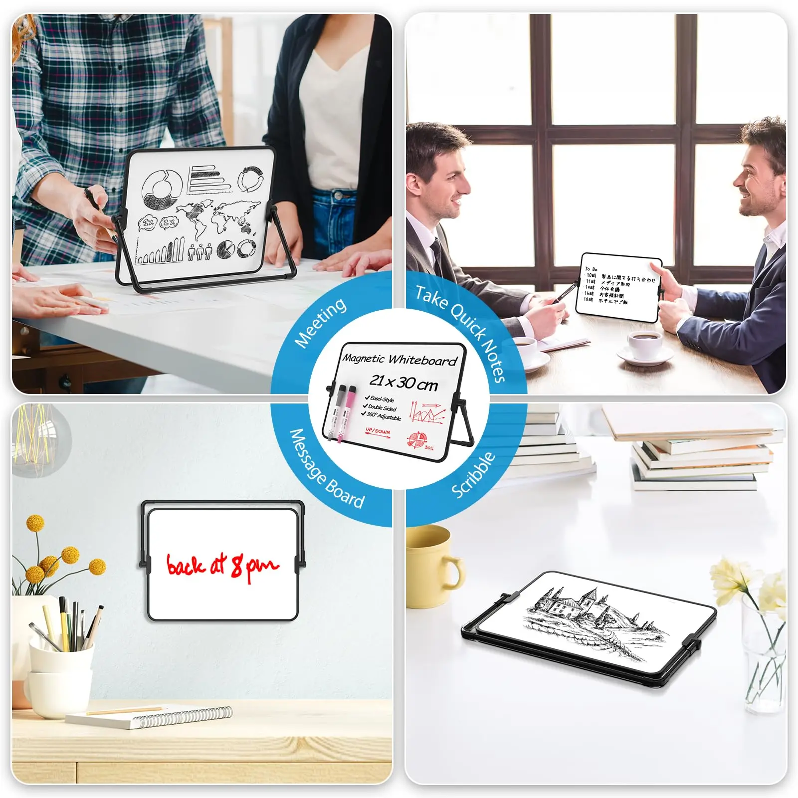 Dry Erase Whiteboard A4 Double-Sided Magnetic Whiteboard Dry Erase Portable Calendar Office Note Message Stand (Black) Easel Writing Tablet Black