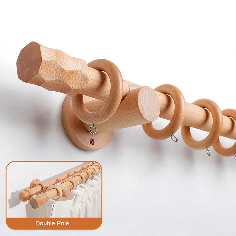 Beech Solid Wood Curtain Rods Roman Poles Single Double Rod Japanese Wooden Track Brackets Holder Rings Accessories Customized