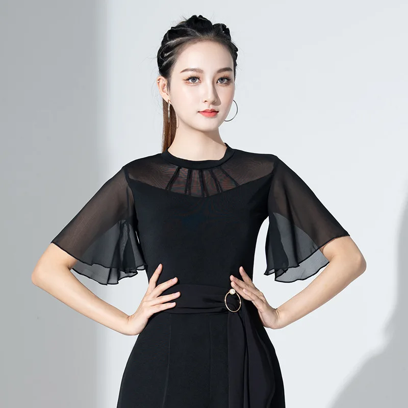 

Latin dance jacket bubble sleeve mesh stitching round neck national short sleeve dance clothes training clothes