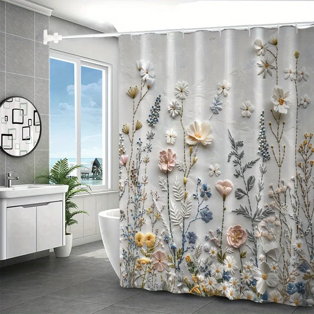ม่านอาบน้ำลายดอกไม้ ดอกเดซี่สีขาว ดอกไม้สีพาสเทล ดีไซน์ทันสมัย ผ้ากันน้ำ ตกแต่งห้องน้ำอย่างหรูหรา 1