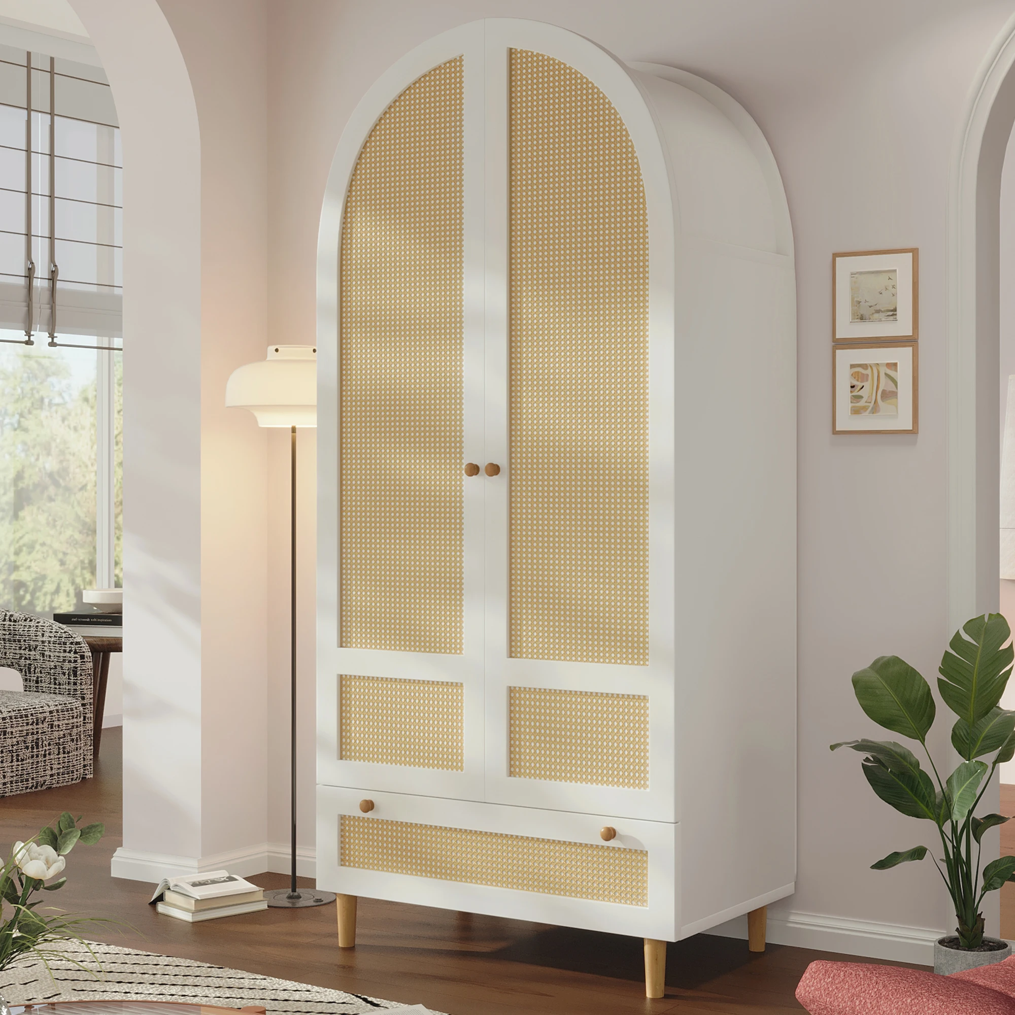 Armoire 80x50x180 cm en rotin et imitation bois, armoire blanche avec design en arc, armoire avec placard et tiroir, armoire pour chambre à coucher, chambre d'enfant, couloir 1