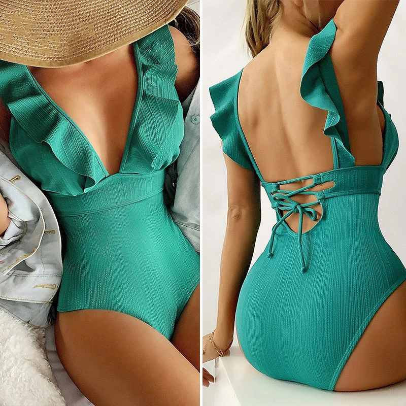 Ruffle One Piece Swimsuit Women Sexy Solid Ribbed Bathing Suit Push Up V-neck Back String Swimwear Female Monokini Beach Wear | Женская