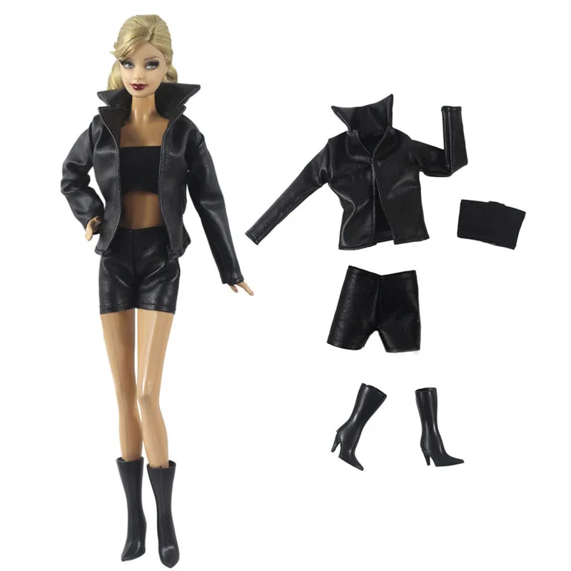 Ropa de cuero de moda negra para muñeca Barbie, trajes, abrigo
