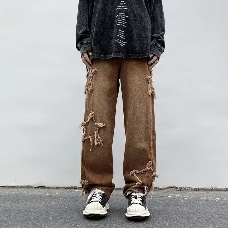 2023 New Fashion Star Embroidery Brown Men's Jeans Y2K Vintage Hip Hop Pants Straight Trousers Floor Slam Pants Calça Masculina