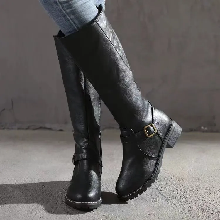 

2024 Women's High Waist Boots Vintage Leather Winter Women's Shoes Zipper Over Knee Long Boots Low Heel Round Head Women's Boots