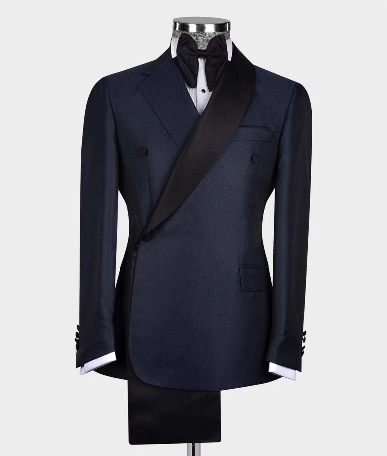 

Custom Made Men Suits Navy Blue/Black Groom Tuxedos Notch/Shawl Lapel Groomsmen 2 Pieces Set ( Jacket + Pants + Bow tie ) D497