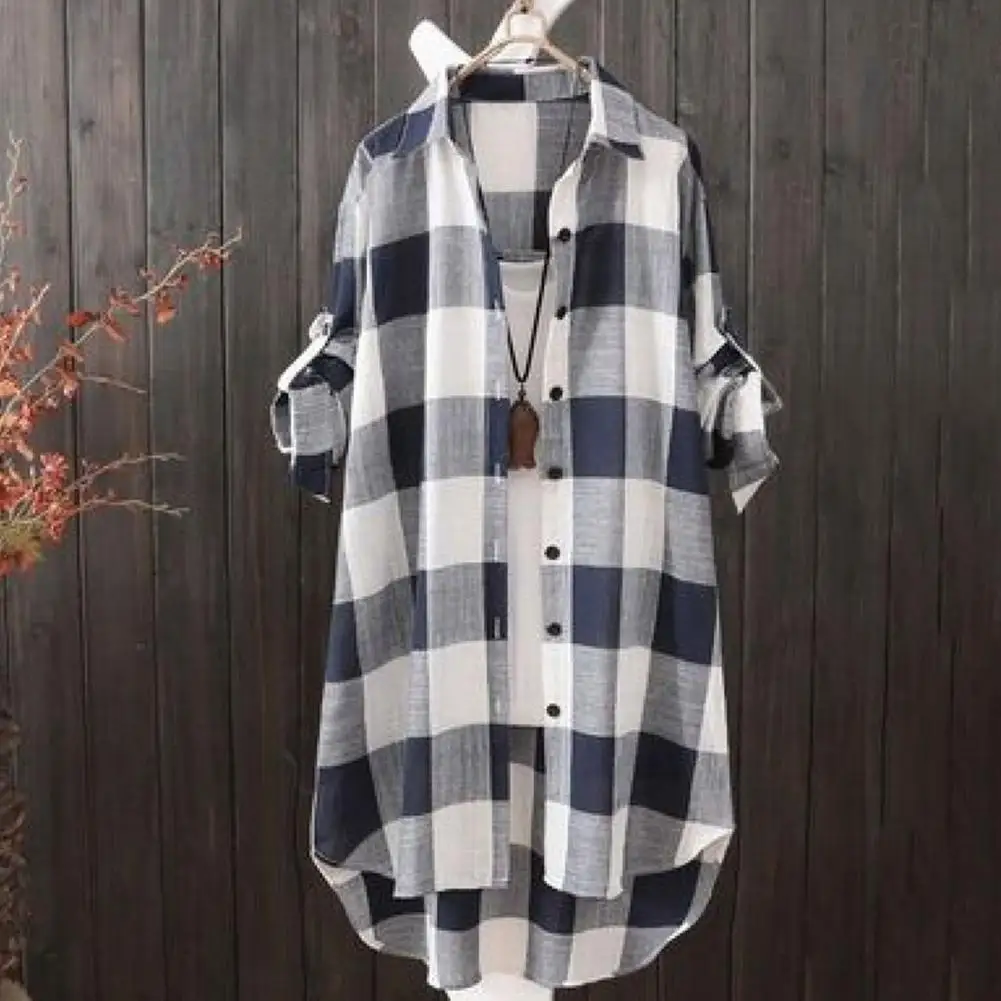 

Women Blouses Turn-Down Collar Roll-up Sleeve Button Closure Sunscreen Shirt Plaid Print Mid-Length Loose Shirt Female Clothing