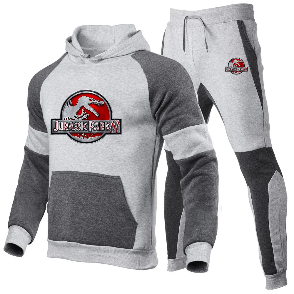 2023 Men Jurassic Park Tracksuit Casual 2 Pieces Sets Sweatshirt Hooded+Sweatpants Print Sportswear Clothes Jogger Sport Suit