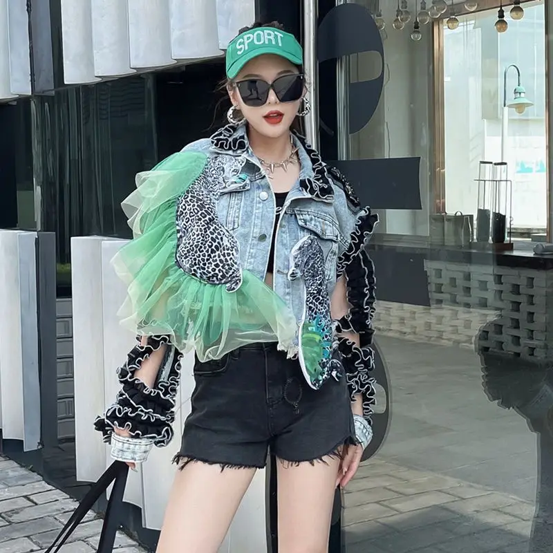 

Women Spring Autumn Irregular Ruffles Denim Bomber Jacket Leopard Mesh Patchwork Streetwear Holes Jeans Coat Cardigan Tops