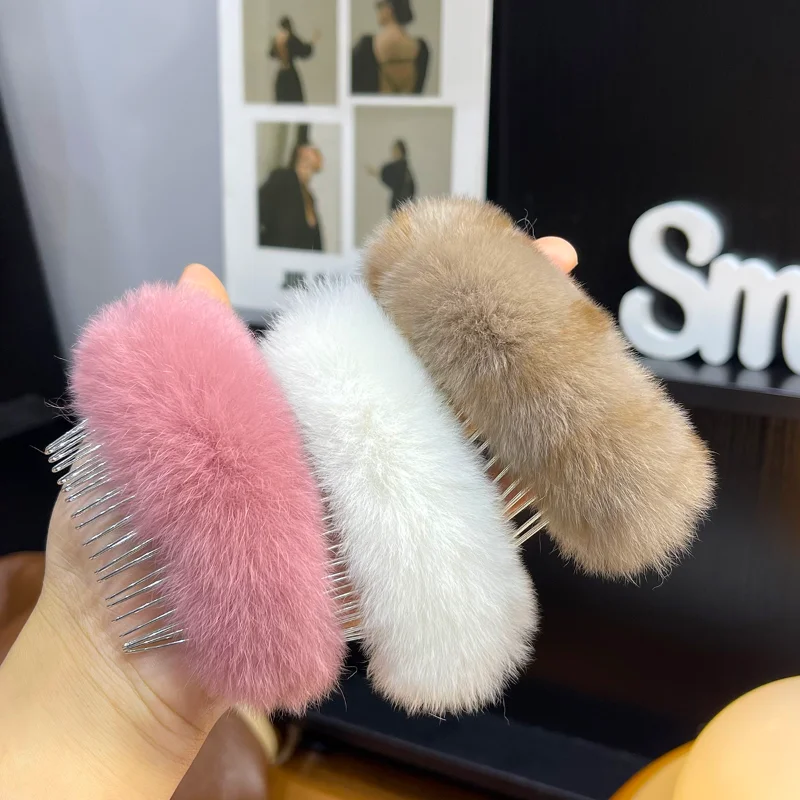 Combs Korean Real Rabbit Fur Hair Claws Hair Clips Headwear Shark Clip Hairpins Crab for Women Girls Korean Hair Accessories