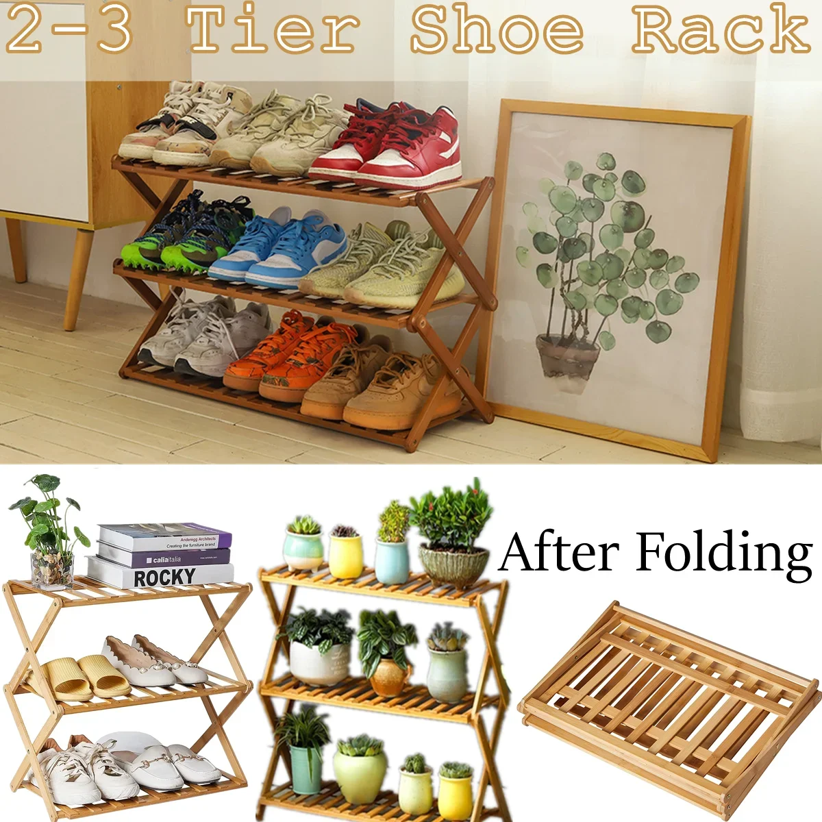 Shoe Stack Rack Flower 2Tiers Foldable Bamboo Shoe Rack,Multi Tier Shoe Organizer Rack ...