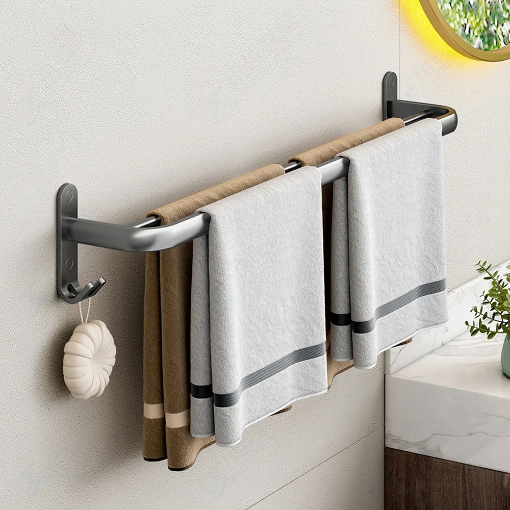 

Hand Towel Bar Double Rod Rail Rack Wall Hanger With Hooks Gun Gray Shower Room Storage Pole Aluminum Shelf Bathroom Accessories