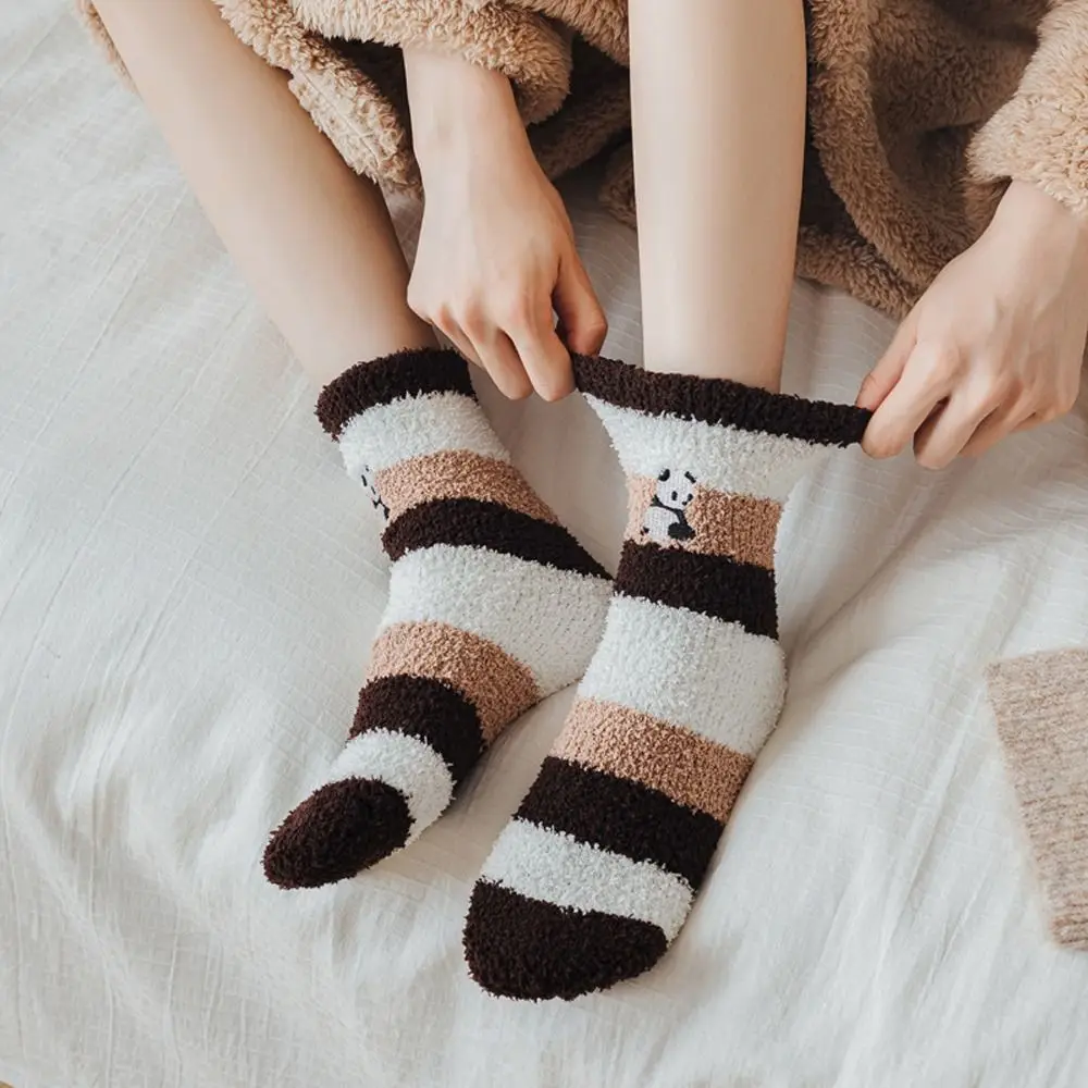 Lady Panda Embroidery Harajuku Style Indoor Thermal Socks Floor Socks Home Sleeping Socks Women Socks Autumn Winter Socks