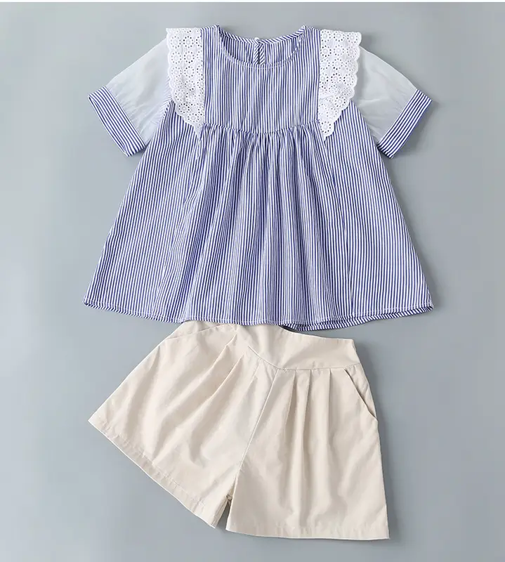 2026 summer Teens Girls Clothes Kids striped Ruffle lace mesh Top blouse t shirt + Leisure shorts Pants 4 6 7 9 10 11 12 14 Year - Image 4
