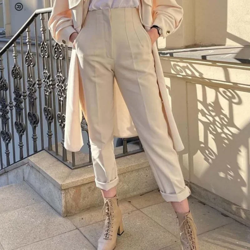2022 New Woman Pants Chic Fashion Office Wear Pants for Women Vintage High Waist Zipper Fly Female Ankle Trousers Mujer Gothic