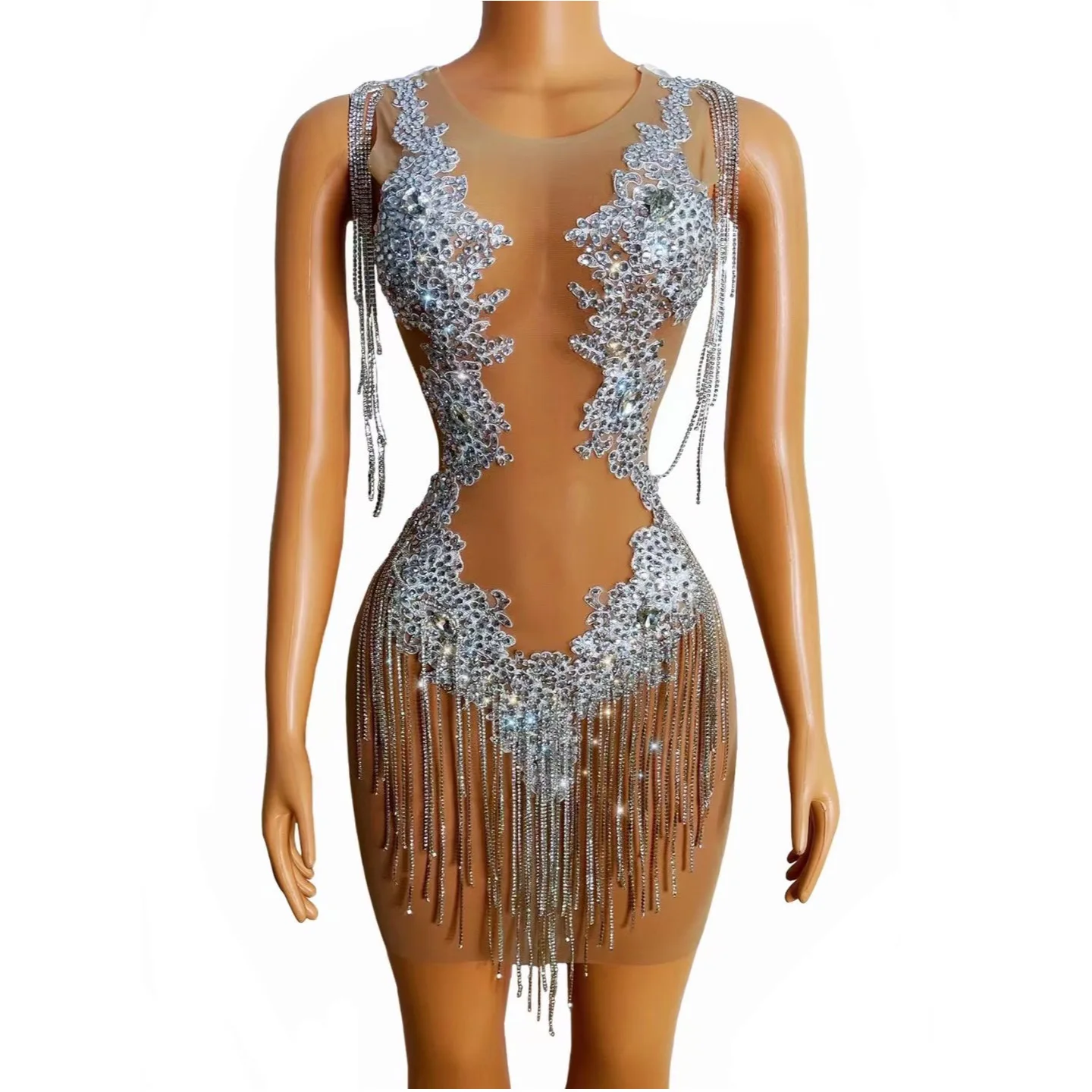 

Nude Shining Rhinestones Tassel Sexy Perspective Sheath Dress For Women Nightclub Party Clothing Evening Prom Singer Wears