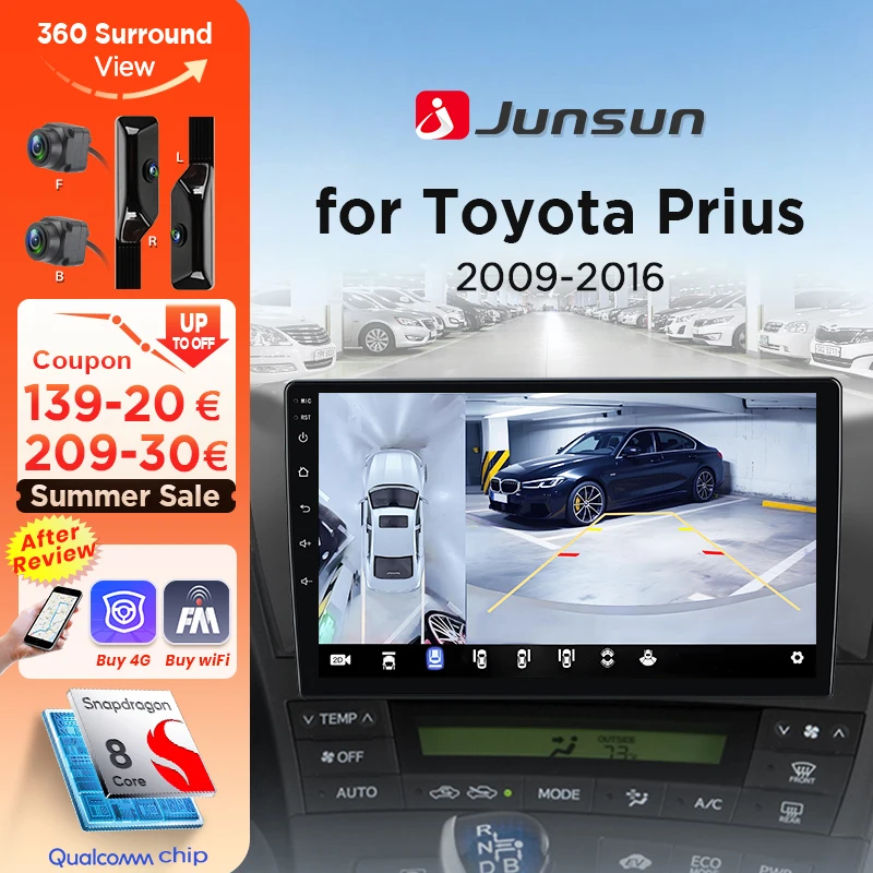 Junsun 8-Core 360 ° Kamera Auto Radio Für Toyota Prius 2009-2016 Drahtlose CarPlay Android Auto Stereo GPS Navi GPS 2din Kopf einheit