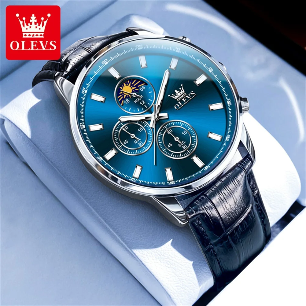OLEVS Mens Watches Top Brand Luxury Chronograph Quartz Watch for Men Leather Waterproof Calendar Fashion Moon Phases Wristwatch