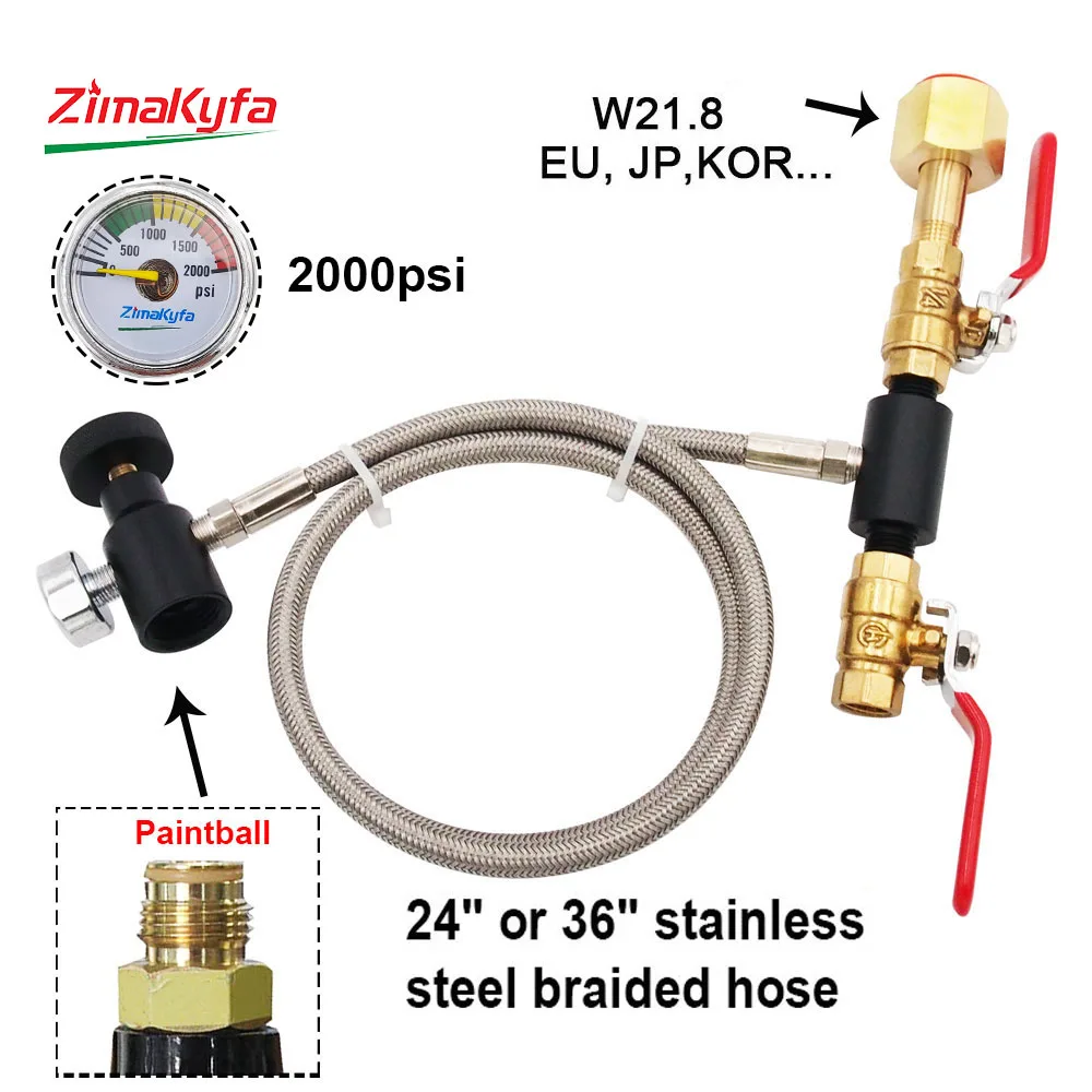 

CO2 Fill Station Tank Refill Charging Adaptor w/ Steel Braided Hose W21.8-14 0.825"-14NGO,G1/2-14,Big bottle to Small Cylinder