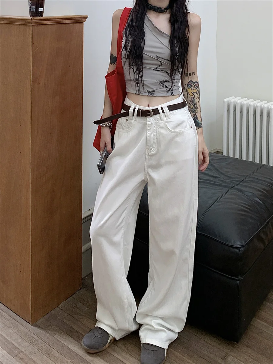 

Slergiri White Y2k Baggy Pants with Belt Streetwear Women High Waist Loose Wide-leg Straight Cotton Denim Trousers 2024 New